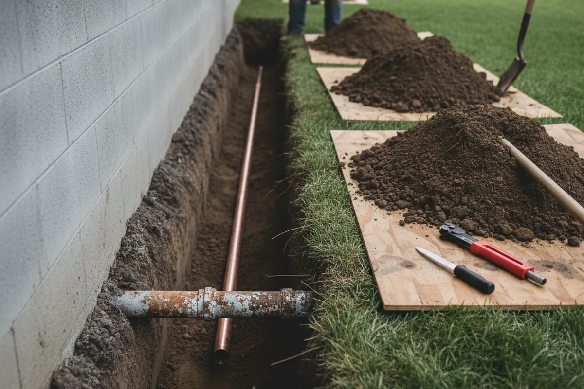 Excavated water line trench during Water Softener Installation in Trappe